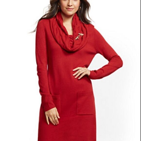 RED COWL-NECK SWEATER DRESS - Picture 1 of 8